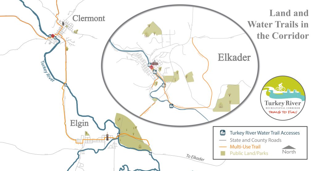 Map of land trails in Elgin, Clermont, and Elkader.