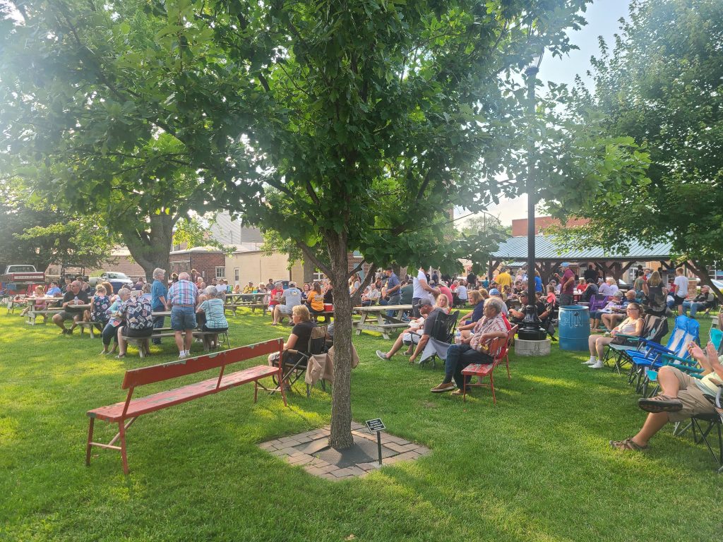 A crowd of people in a park watching live music